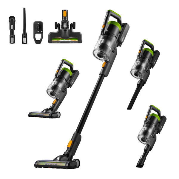 A collection of images showing a cordless vacuum cleaner in various states of use, including different attachments and a detachable battery.