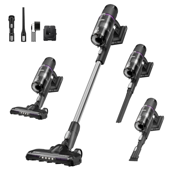 Multifunctional vacuum cleaner with various attachments on a white background