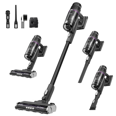Black and silver cordless vacuum cleaner with multiple attachments on a white background