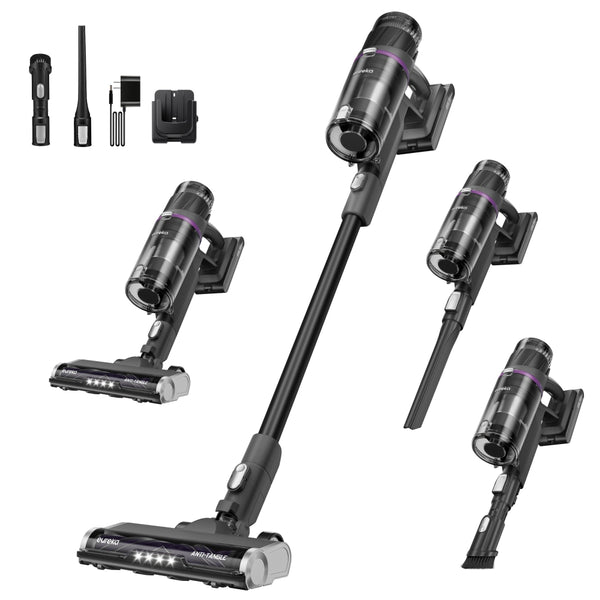 Black and silver cordless vacuum cleaner with multiple attachments on a white background