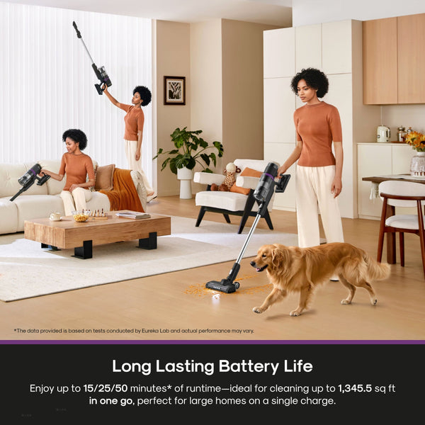 women using a vacuum cleaner in a living room with a dog.