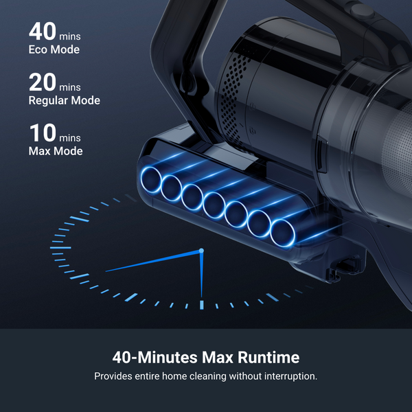 Vacuum cleaner with blue nozzles and runtime information on a dark background