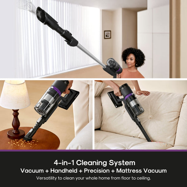 4-in-1 cleaning system vacuum being used on various surfaces with a woman in the background.