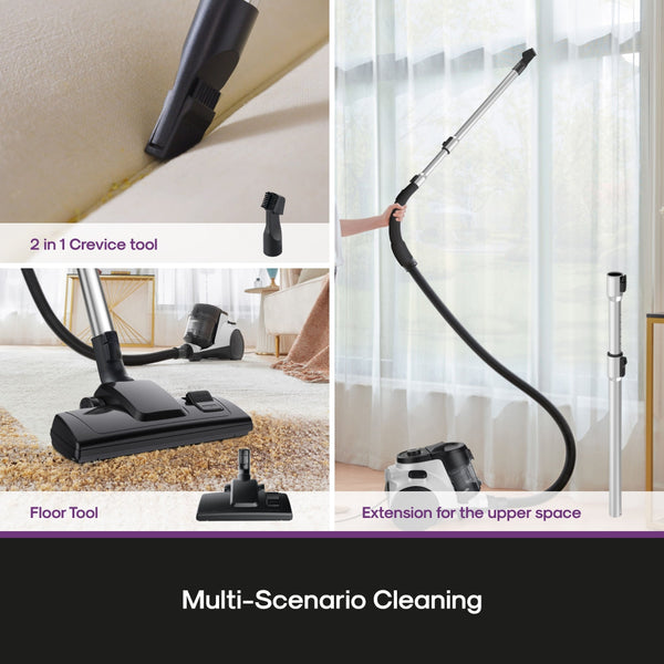 Multifunctional vacuum cleaner with attachments for cleaning various areas.