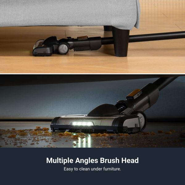 Vacuum cleaner with multiple angles brush head cleaning under a sofa.