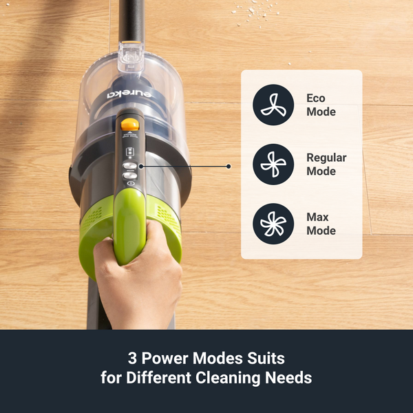 Eureka vacuum cleaner with mode selection chart on a wooden floor