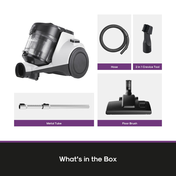 Vacuum cleaner set with its components displayed on a white background