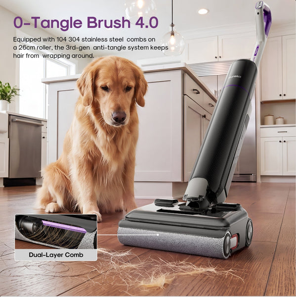 A pet hair remover vacuum cleaner shown on a hardwood floor in a kitchen setting, with a golden retriever sitting nearby. The ad includes text describing the '0-Tangle Brush 4.