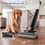 A pet hair remover vacuum cleaner shown on a hardwood floor in a kitchen setting, with a golden retriever sitting nearby. The ad includes text describing the '0-Tangle Brush 4.