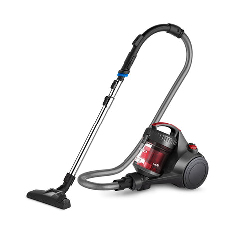 A bagless canister vacuum cleaner with a transparent dust container, predominantly black in color with red accents, and a blue adjustable hose.