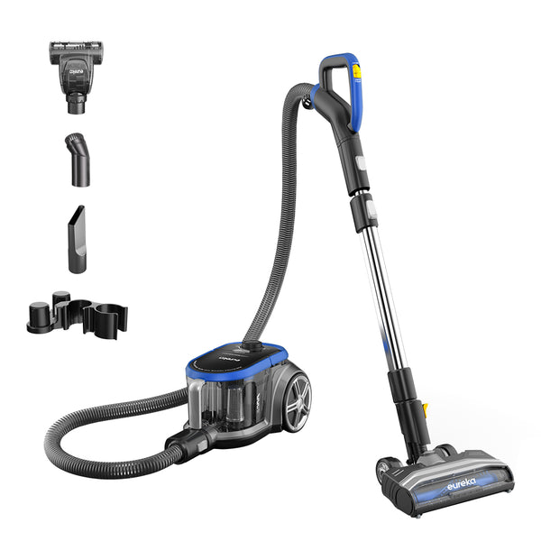 A blue and black Eureka bagless canister vacuum cleaner with various attachments displayed alongside.