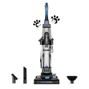 Eureka PowerSpeed Bagless Upright Vacuum Cleaner with pet turbo attachment, shown with different cleaning accessories.