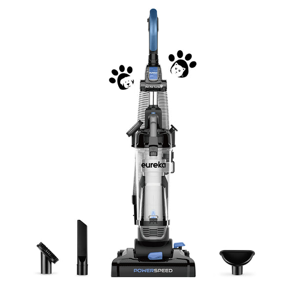 Eureka PowerSpeed Bagless Upright Vacuum Cleaner with pet turbo attachment, shown with different cleaning accessories.