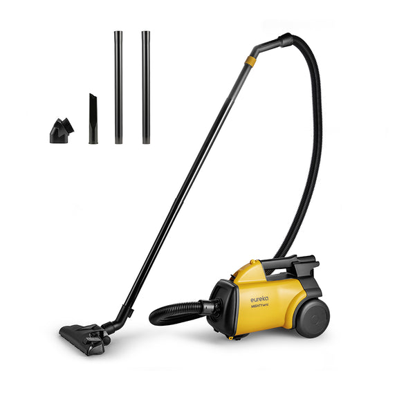 Eureka 3670M Canister Cleaner, a floor-cleaning vacuum with a yellow body, black cleaning head, and gray accents. The image shows the vacuum itself and three additional attachments.