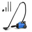 A blue and black Eureka bagged canister vacuum cleaner with attachments laid out next to it.