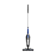 A corded stick vacuum cleaner with a 3-in-1 handheld attachment, predominantly blue and gray in color.