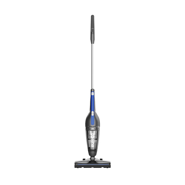 A corded stick vacuum cleaner with a 3-in-1 handheld attachment, predominantly blue and gray in color.
