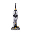 A upright vacuum cleaner with gray body and yellow detailing, the brand Eureka is visible on the cleaner.