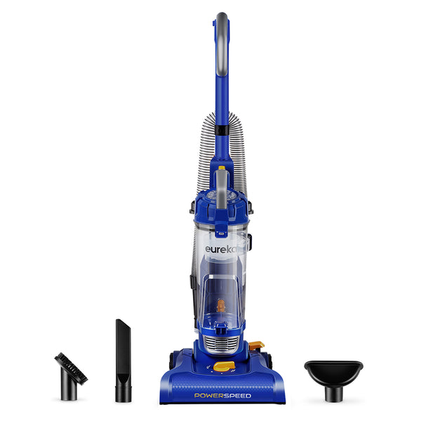 A blue and white Eureka NEU182A PowerSpeed upright vacuum cleaner with attachments laid out in front.