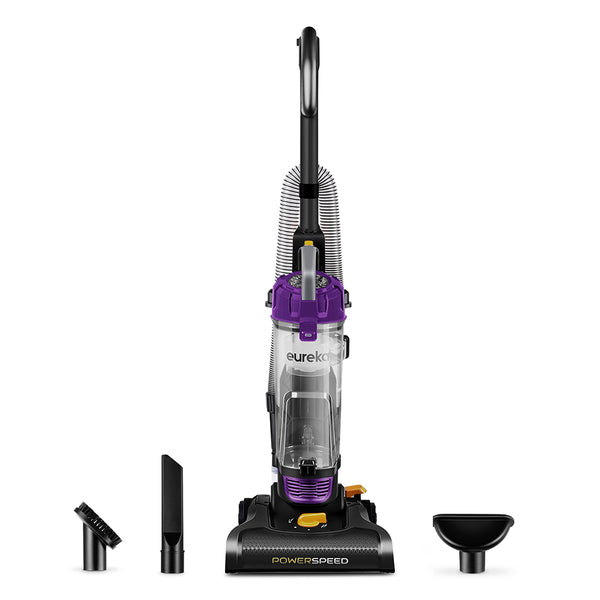 Eureka PowerSpeed bagless upright vacuum cleaner in purple color, with floor cleaning accessories placed in front.