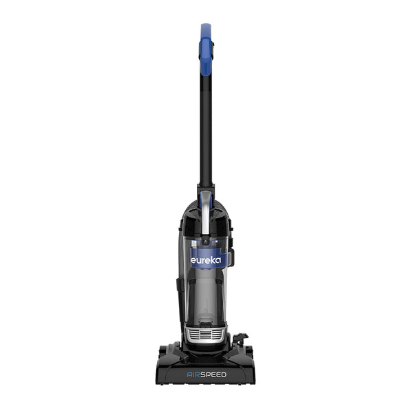 A compact bagless upright vacuum cleaner in black with blue accents.