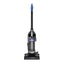 A compact bagless upright vacuum cleaner in black with blue accents.