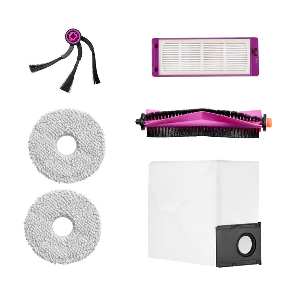 Set of cleaning brushes and filters on a white background