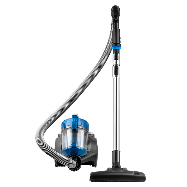 A bagless canister vacuum cleaner with a gray body and blue accents, including a blue dust container and blue detailing on the hose.