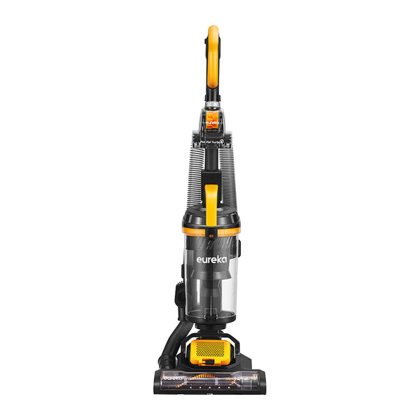 A upright Eureka MaxSwivel Pro NEU350 vacuum cleaner with pet tool in black and yellow color.