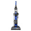 Eureka brand upright vacuum cleaner with a blue and black color scheme, featuring a dust compartment and a power switch.