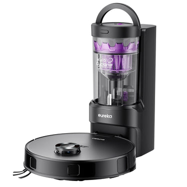 Eureka robot vacuum cleaner with a clear cylindrical component on a white background