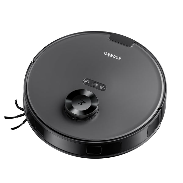 Black robot vacuum cleaner with Eureka branding on a white background