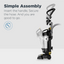 Vacuum cleaner with handle and hose on a white background, text indicating simple assembly.
