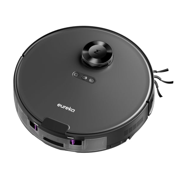 Black robot vacuum cleaner with 'eureka' branding on a white background