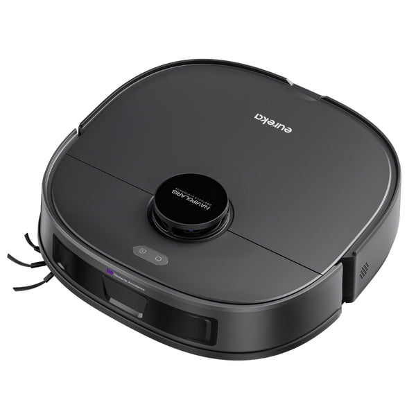 Black robot vacuum cleaner on a white background