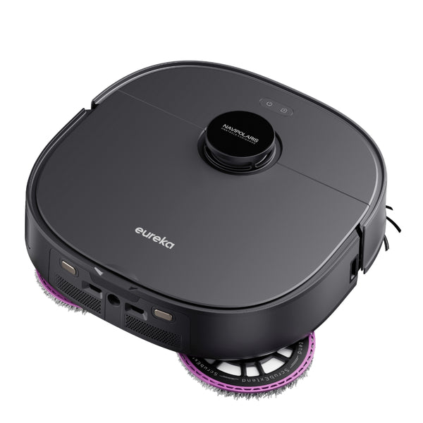 Black robot vacuum cleaner with 'eureka' branding on a white background