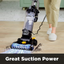 Person using a Eureka vacuum cleaner on a wooden floor with text 'Great Suction Power'.