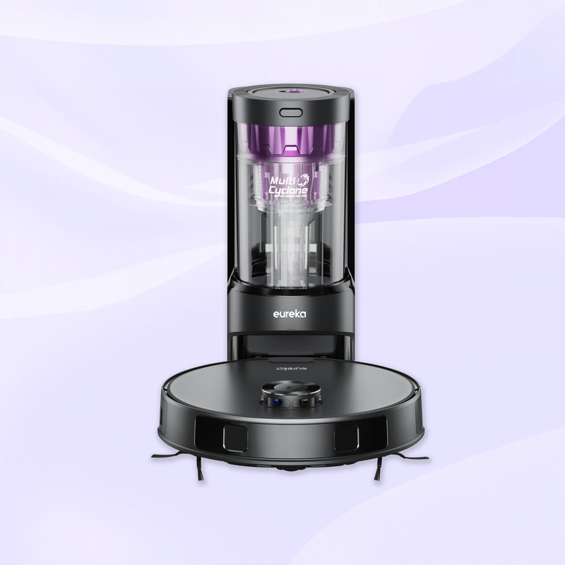 A Eureka E20 Plus Robot Vacuum with a self-emptying station and a smartphone app interface displayed.