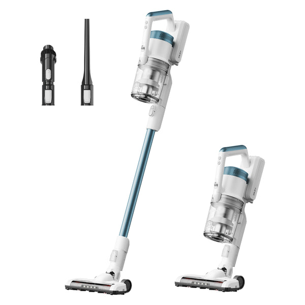 Cordless vacuum cleaner in white with blue accents, shown with detachable batteries and cleaning head.
