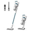 Cordless vacuum cleaner in white with blue accents, shown with detachable batteries and cleaning head.