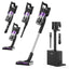 A set of images displaying a Eureka NEC490 Cordless Stick Vacuum Cleaner in various positions, highlighting its design and features, including a dustbin, filters, and a charging station.
