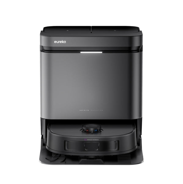 Black Eureka robot vacuum cleaner on a white background