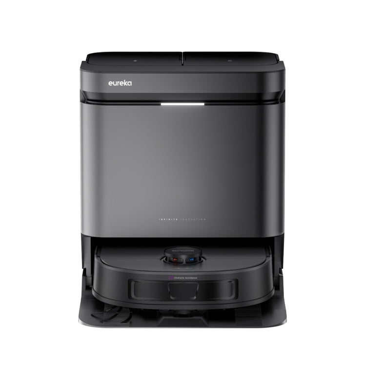 Black Eureka robot vacuum cleaner on a white background