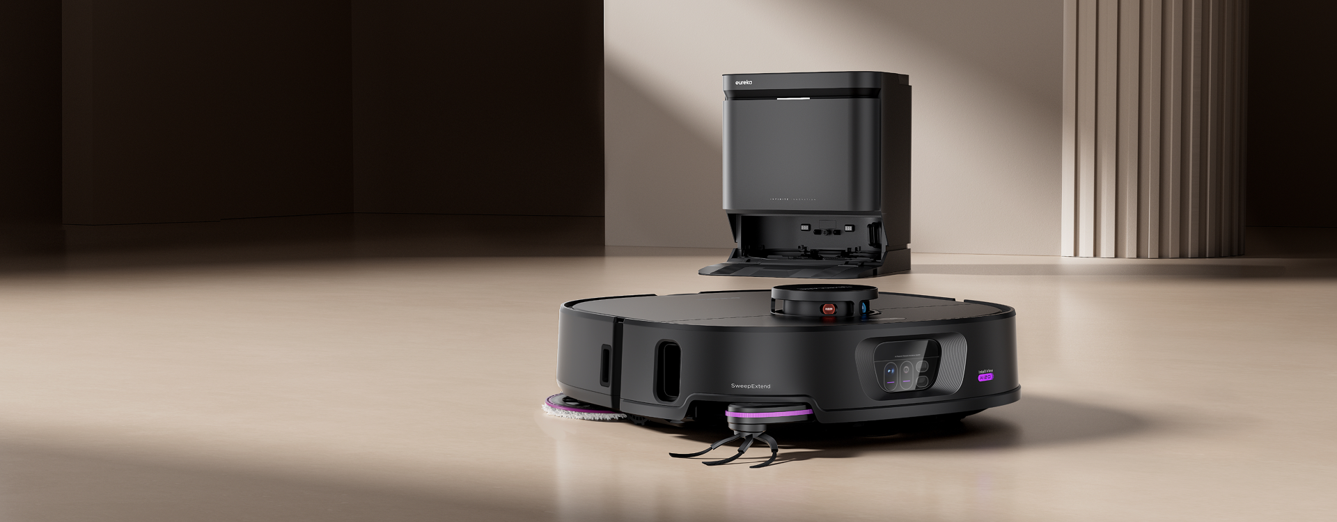Robotic vacuum cleaner on a beige floor with a modern interior background