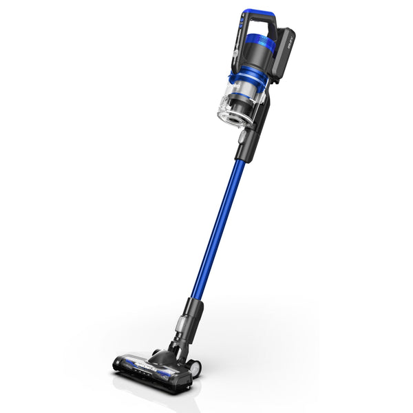 Blue and black stick vacuum cleaner on a white background