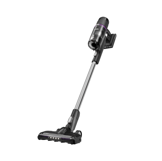 Black and silver cordless vacuum cleaner on a white background
