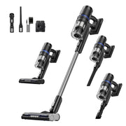 Multifunctional vacuum cleaner with various attachments on a white background