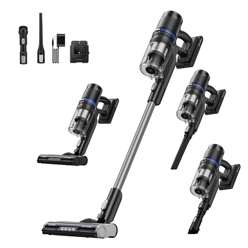 Multifunctional vacuum cleaner with various attachments on a white background