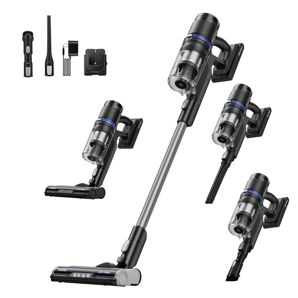 Multifunctional vacuum cleaner with various attachments on a white background
