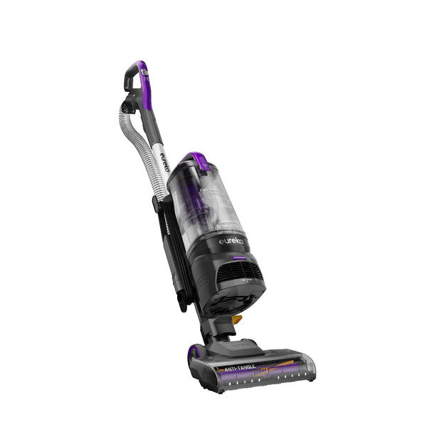 Upright vacuum cleaner with purple accents on a white background